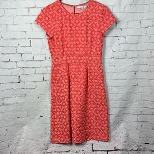 Boden Dress Womens 4 Floral Sheath Jacquard Knee Length Short Sleeve Coral